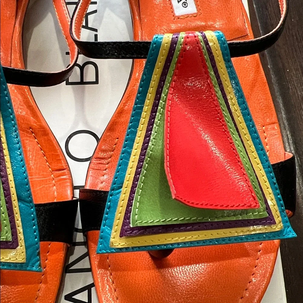 Manolo Blahnik Colorful Flat Sandals, size 38.5